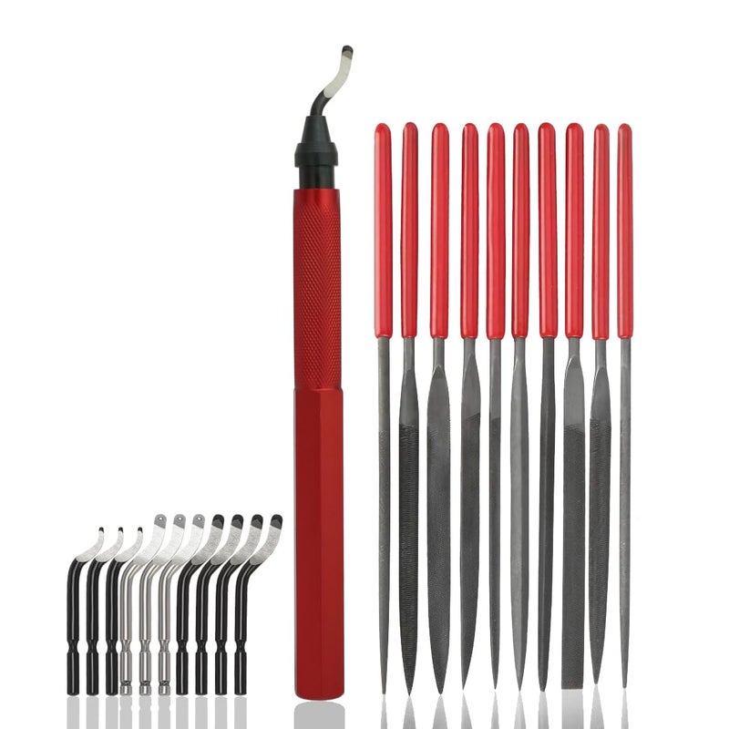 VASTOOLS Deburring Tool Kit,10Pcs Needle File,Metal Handle Deburring Tool for Metal Resin 3D Plastic Copper Aluminum Pipes Tube Hole with Extra 10pc Multiuse Blades Removing Burr - Image 1